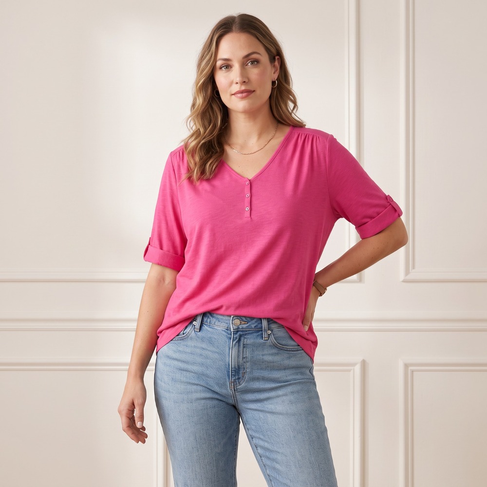 Croft Barrow Hot Pink Henley V Neck Tee Top Y2K Coastal Casual Rolled Cuff XXL